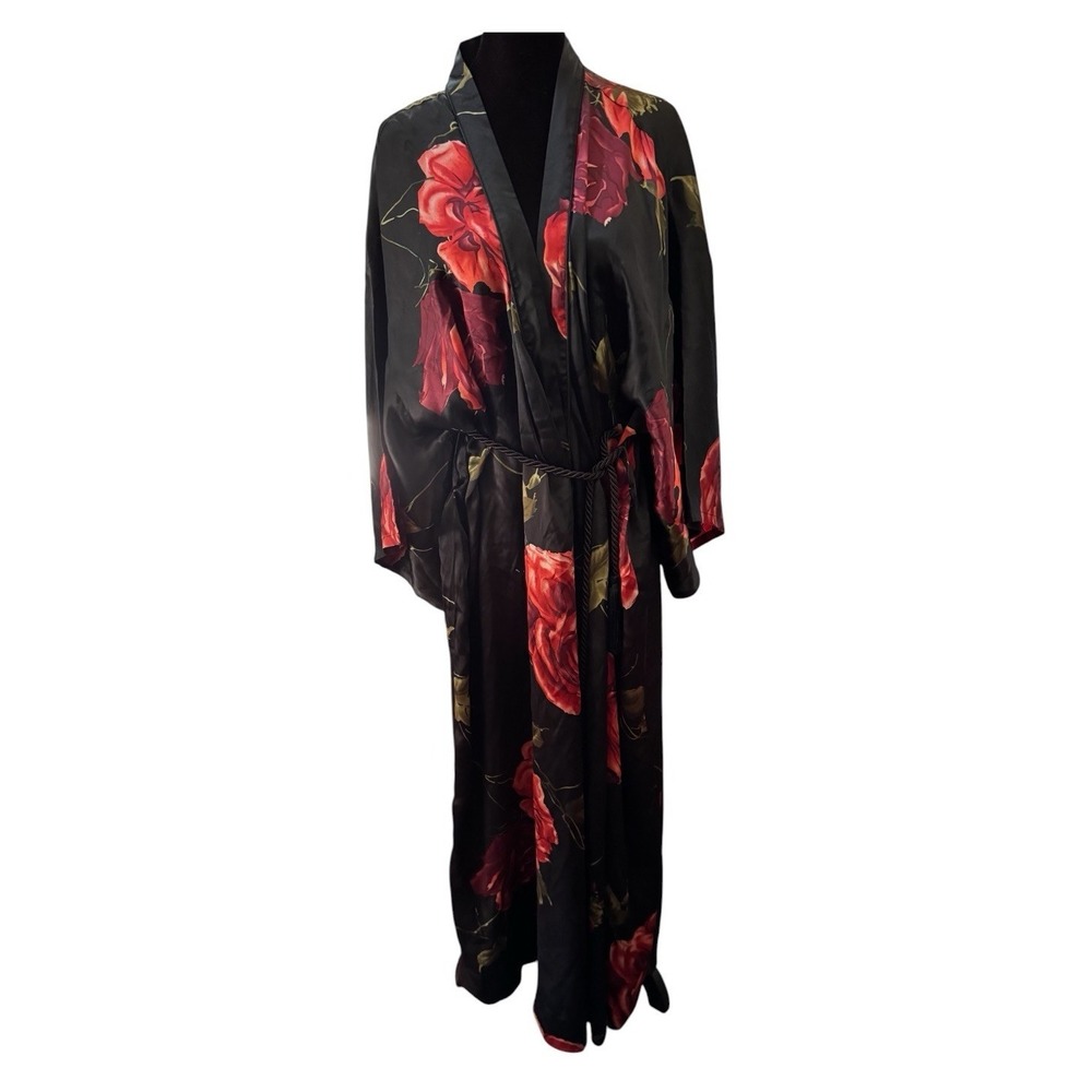 City Spirit Collection Black Red Rose Floral Satin Robe Kimono XL Tassel Belt